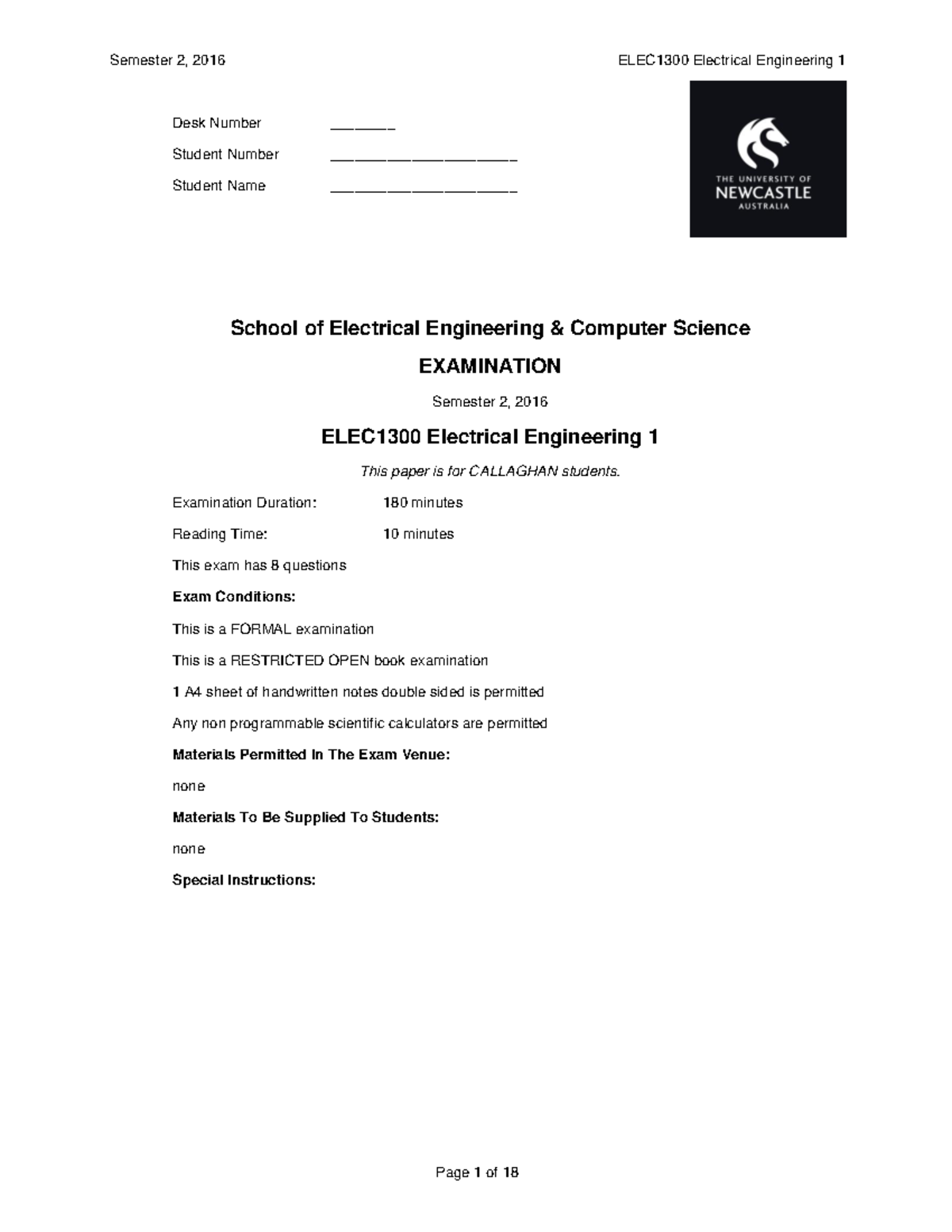 ELEC1300 Final Exam Semester 2, 2016 - Electrical Engineering 1 - Studocu