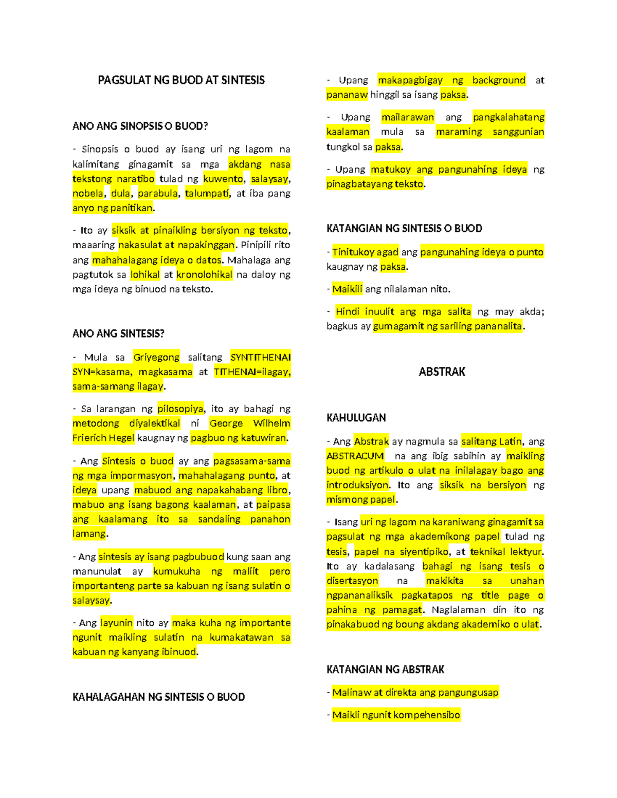 FPL - Reviewer: Pagsulat ng Buod, Sintesis, at Lain pang Teknikal na ...