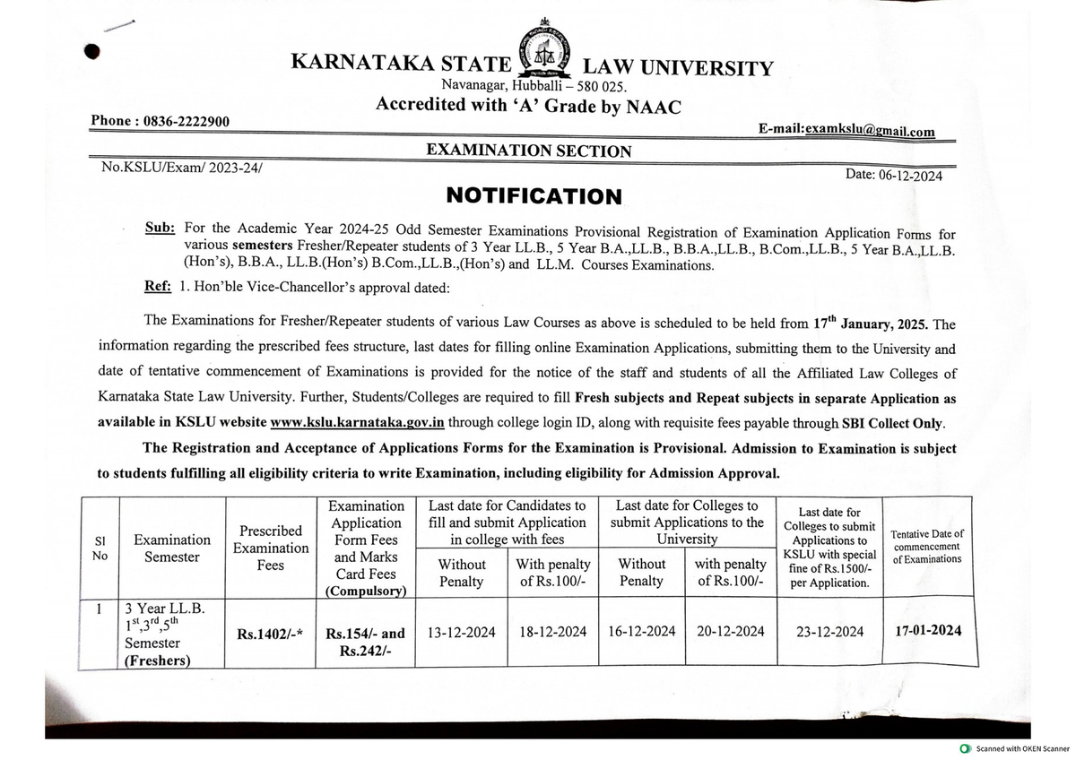 KSLU Examination Notification for 3 Year & 5 Year Law Courses 2025 ...