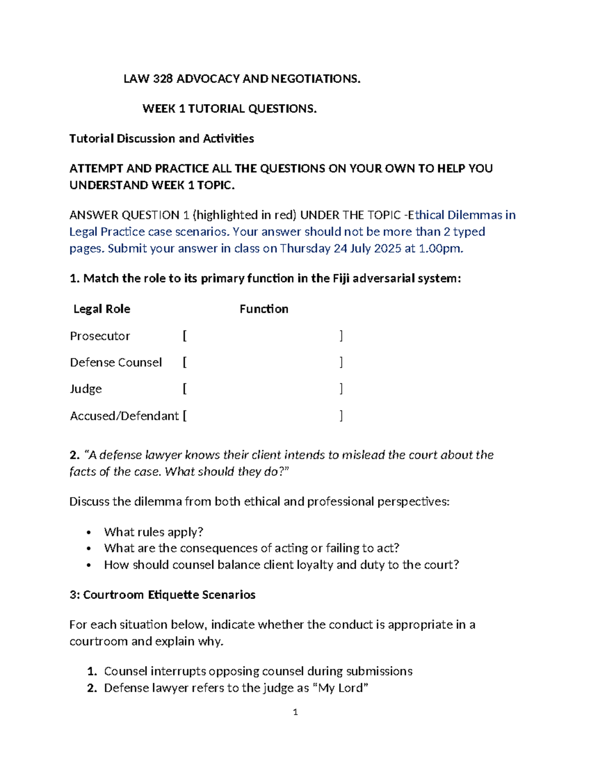 LAW 328 Advocacy & Negotiations: Week 1 Tutorial Questions - Studocu