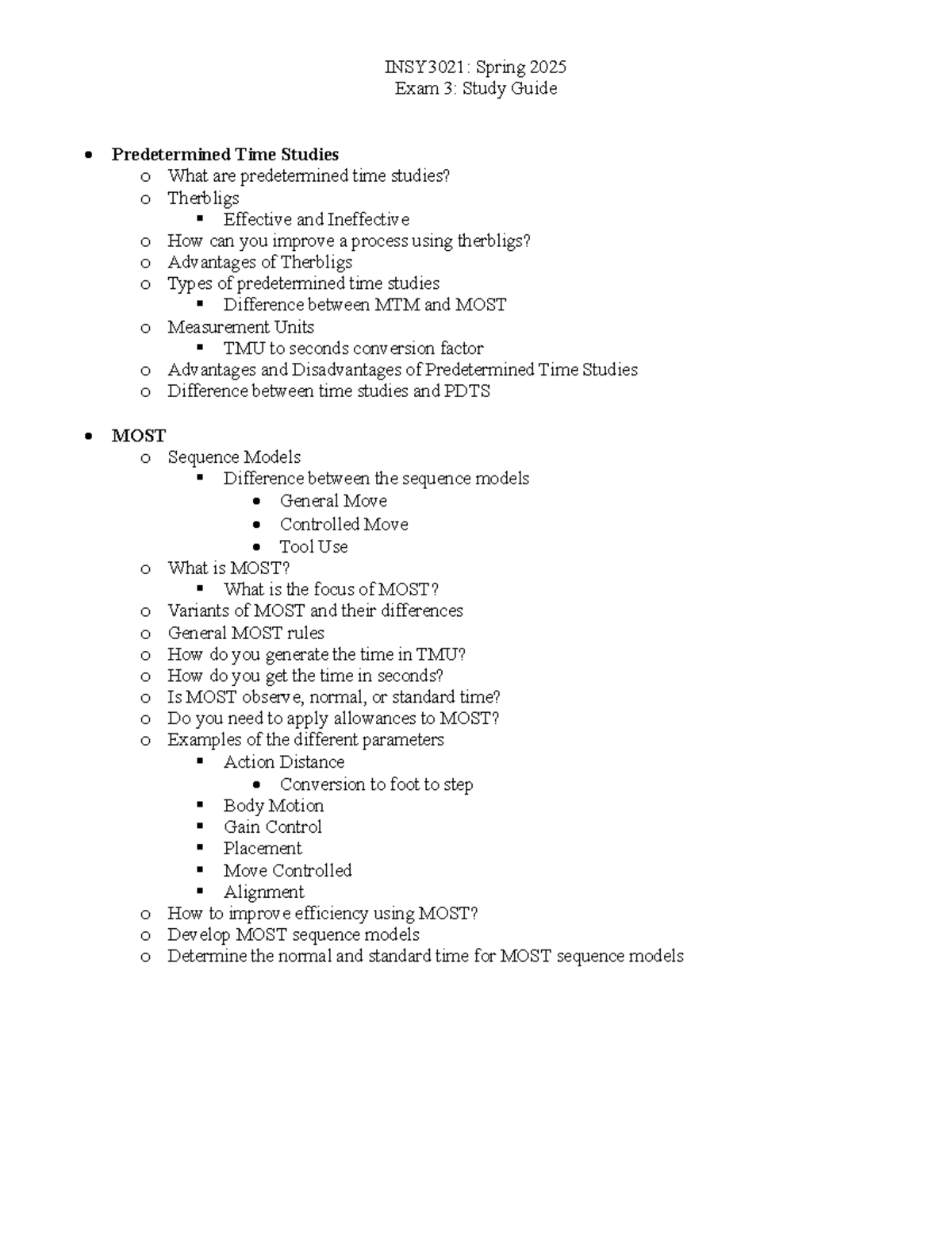 INSY3021: Spring 2025 Exam 3 Study Guide on Time Studies & MOST - Studocu
