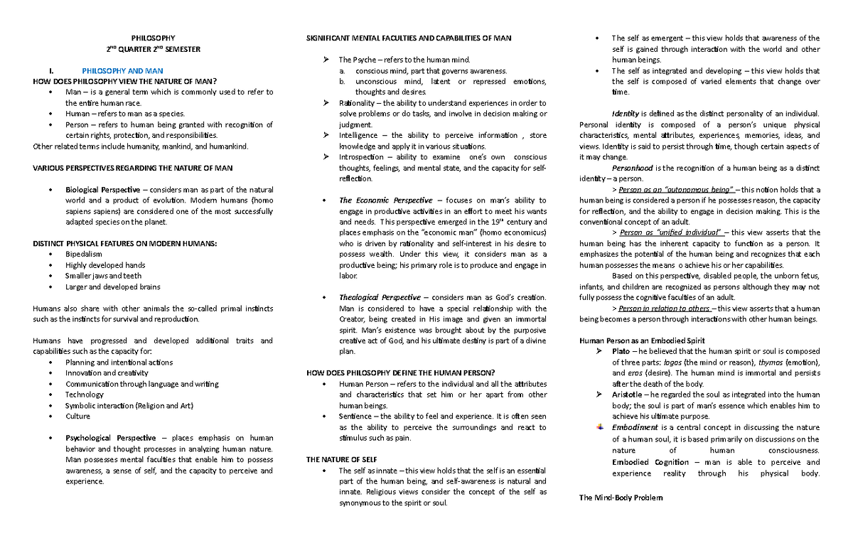PHIL 201 - Final Exam Reviewer: Understanding Philosophy and Man - Studocu