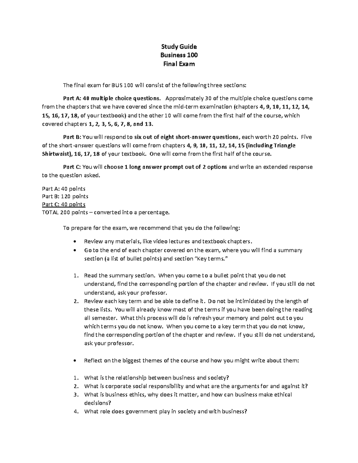 BUS 100 Final Exam Study Guide - Studocu