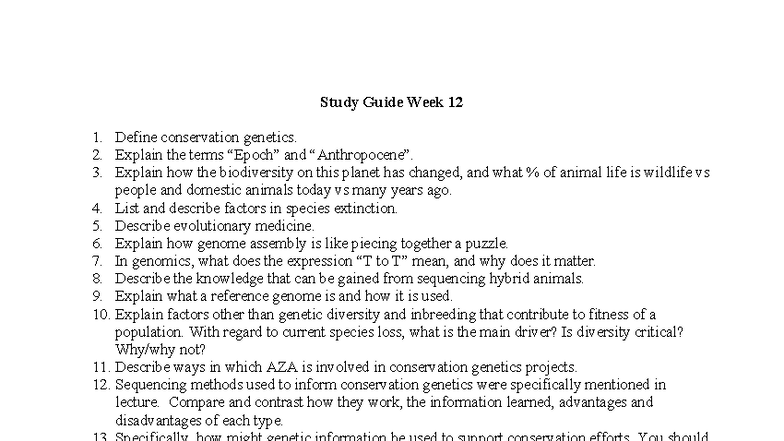 Conservation Genetics Study Guide: Key Concepts & Methods (Week 12 ...
