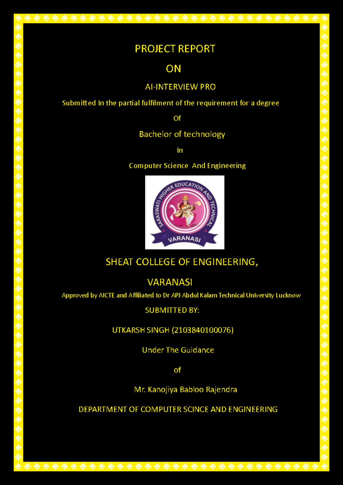B.Tech CSE Project Report Front Page Template - Utkarsh Singh - Studocu