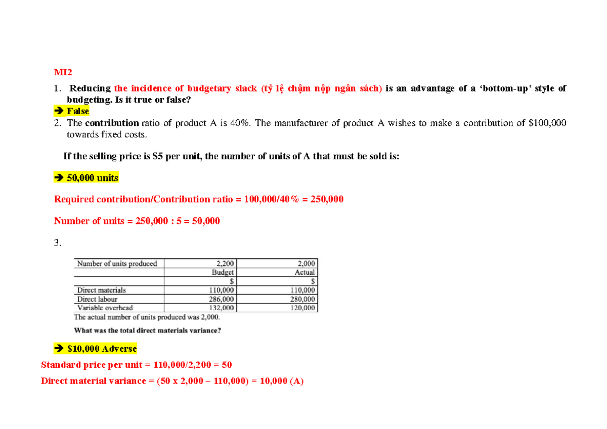 MI2 - Budgeting Techniques and Variance Analysis Study Guide - Studocu