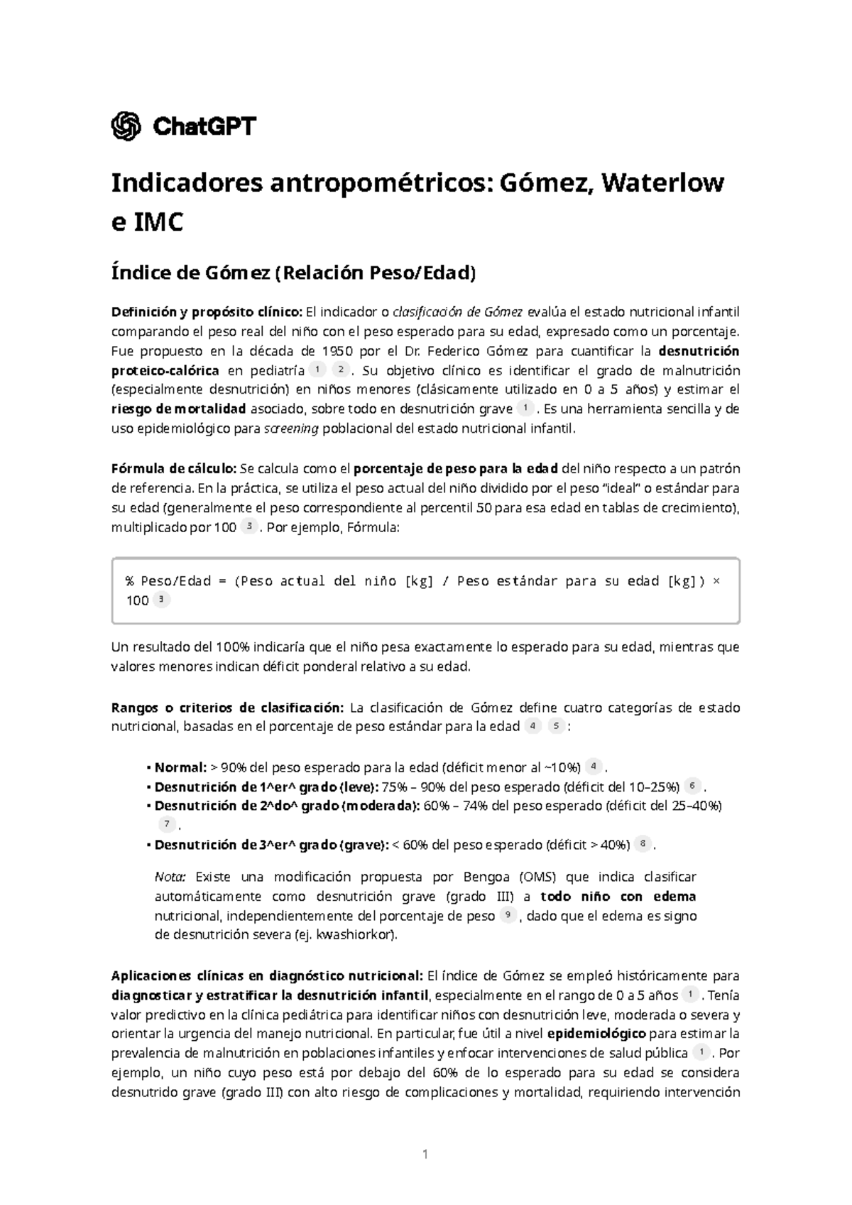 Indicadores Antropométricos en Pediatría: Gómez, Waterlow e IMC - Studocu