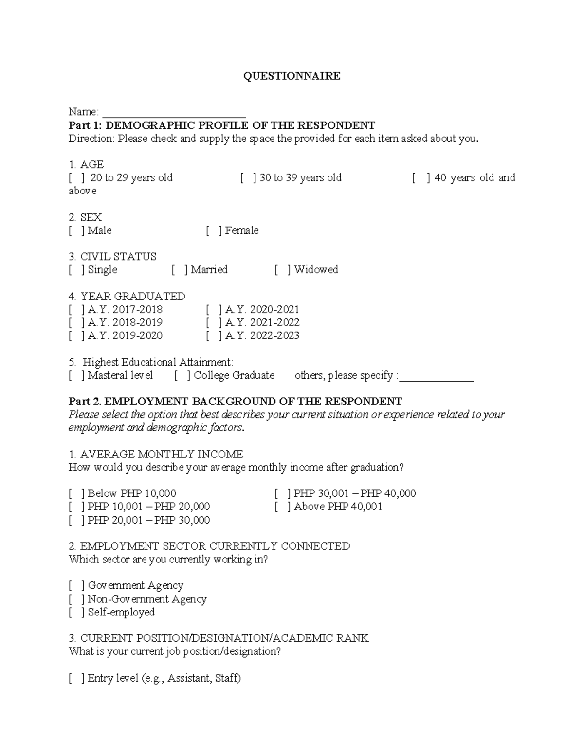 Questionnaire - Research - QUESTIONNAIRE Name ...
