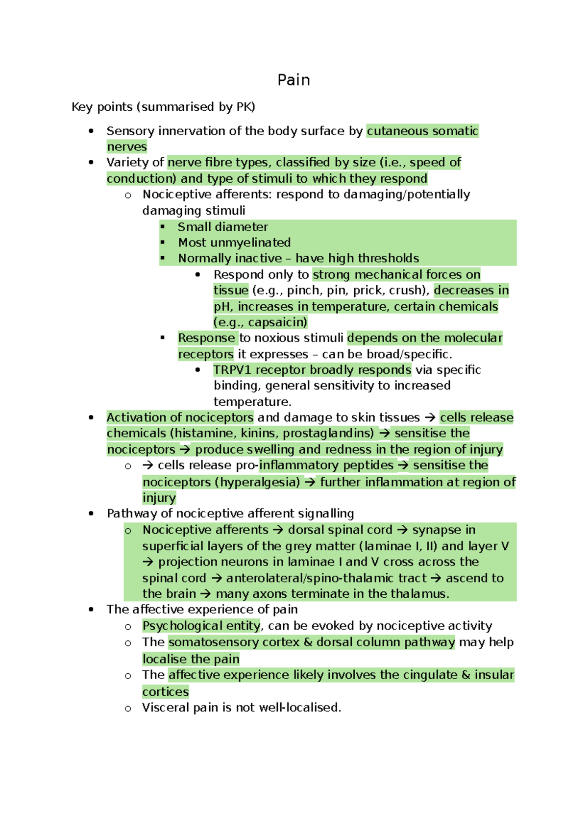 Exam Revision - notes - Pain Key points (summarised by PK) Sensory ...