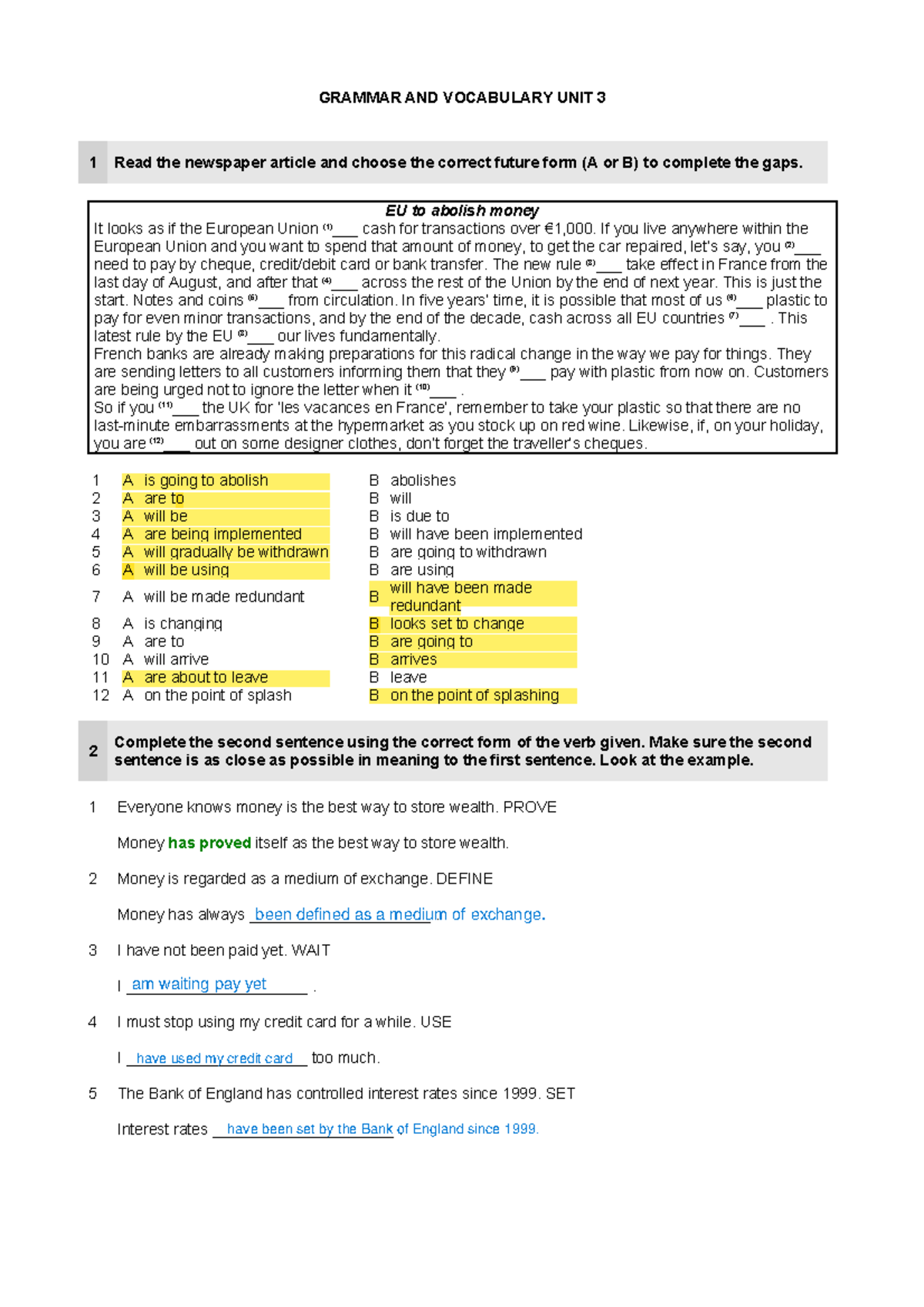 Grammar and Vocabulary Exercises: Unit 3 Review - Studocu