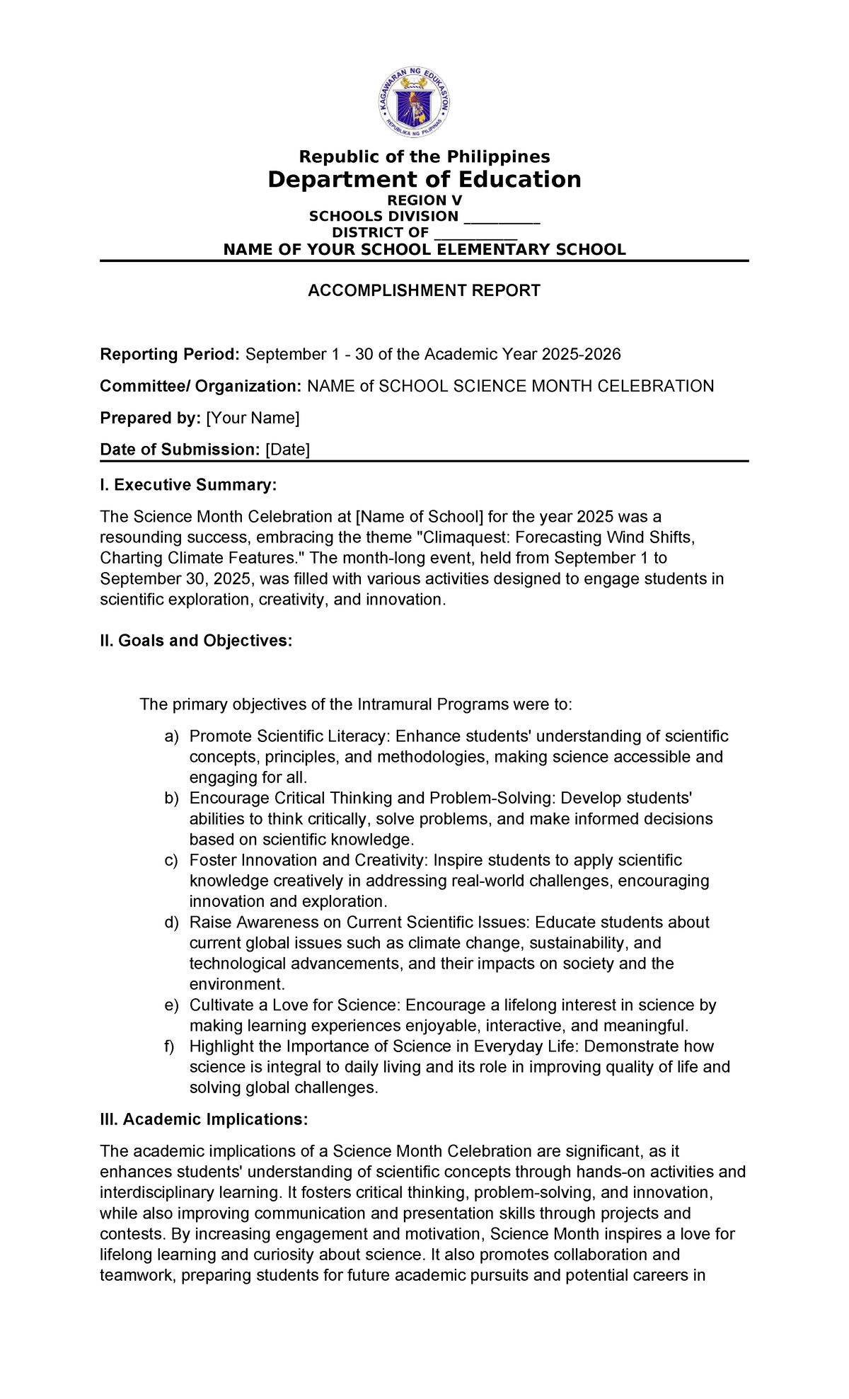 ACC. Report: Science Month Celebration 2025 - Region V Schools Division ...