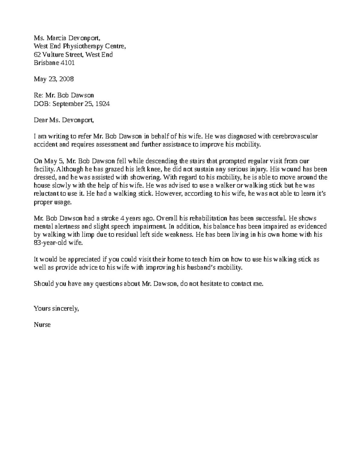 OET Writing Case Study: Mr. Bob Dawson's Mobility Assessment - Studocu