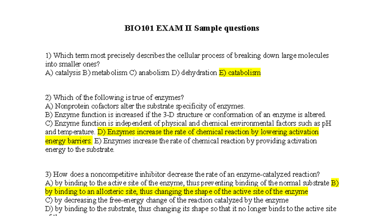 BIO101 EXAM II Sample Practice Questions - Studocu