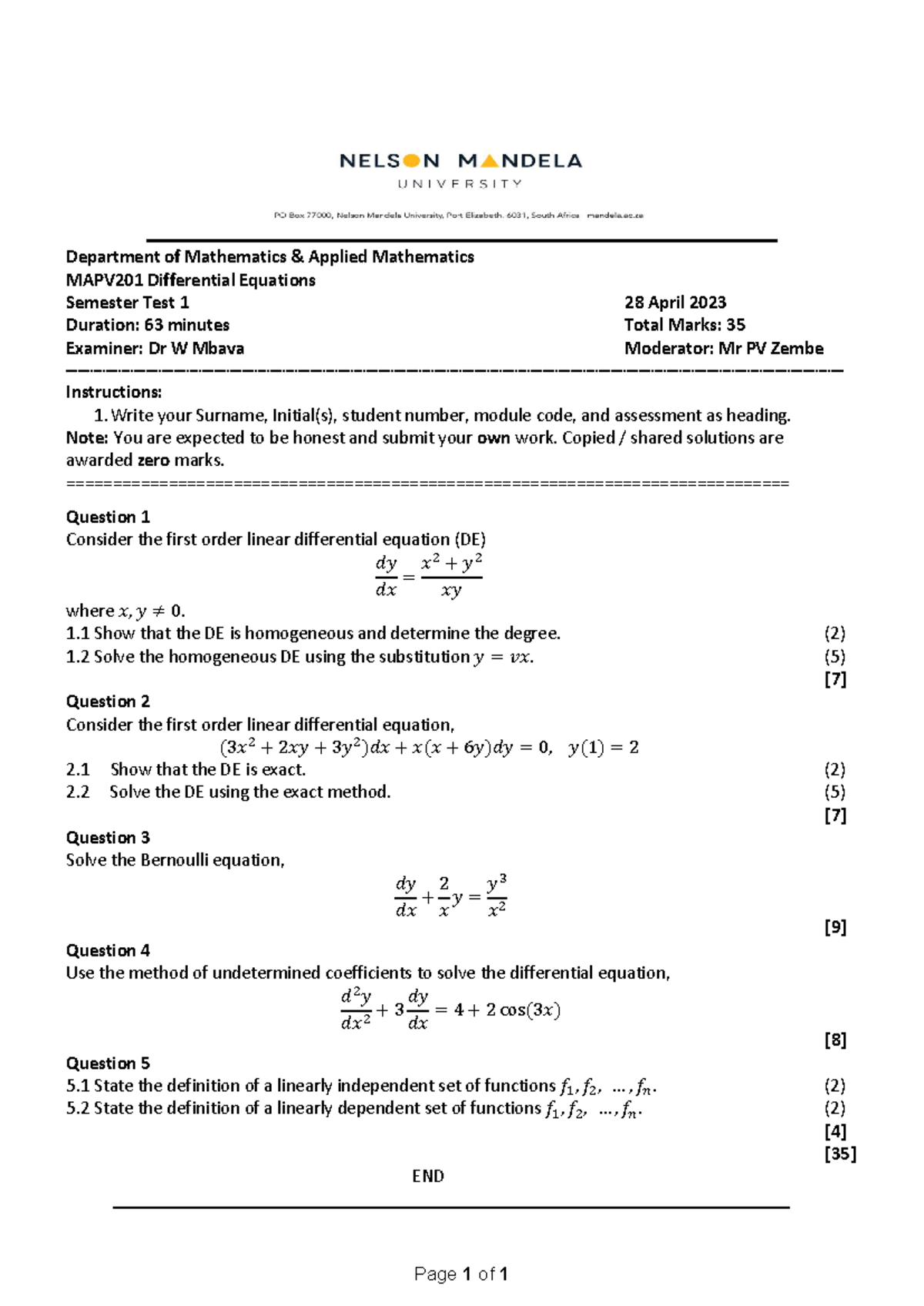 MAPV201 Differential Equations Sem Test 1 - April 2023 - Studocu