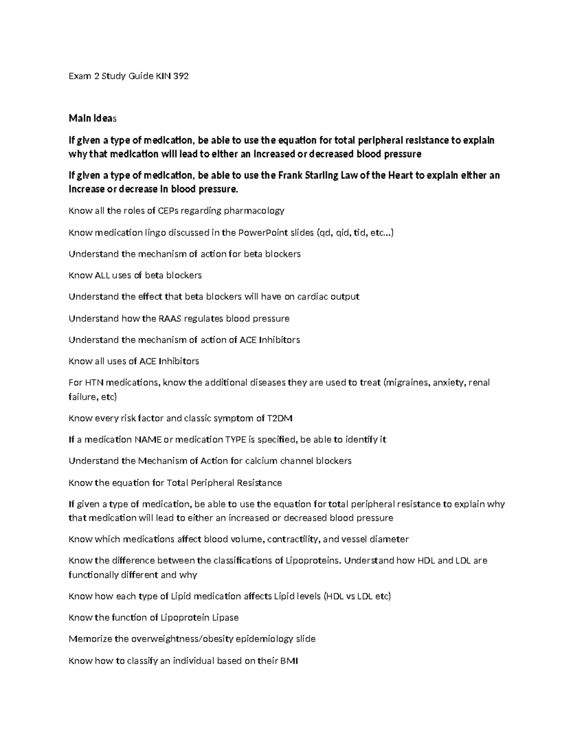 Exam 2 Study Guide KIN 392: Key Concepts in Pharmacology - Studocu