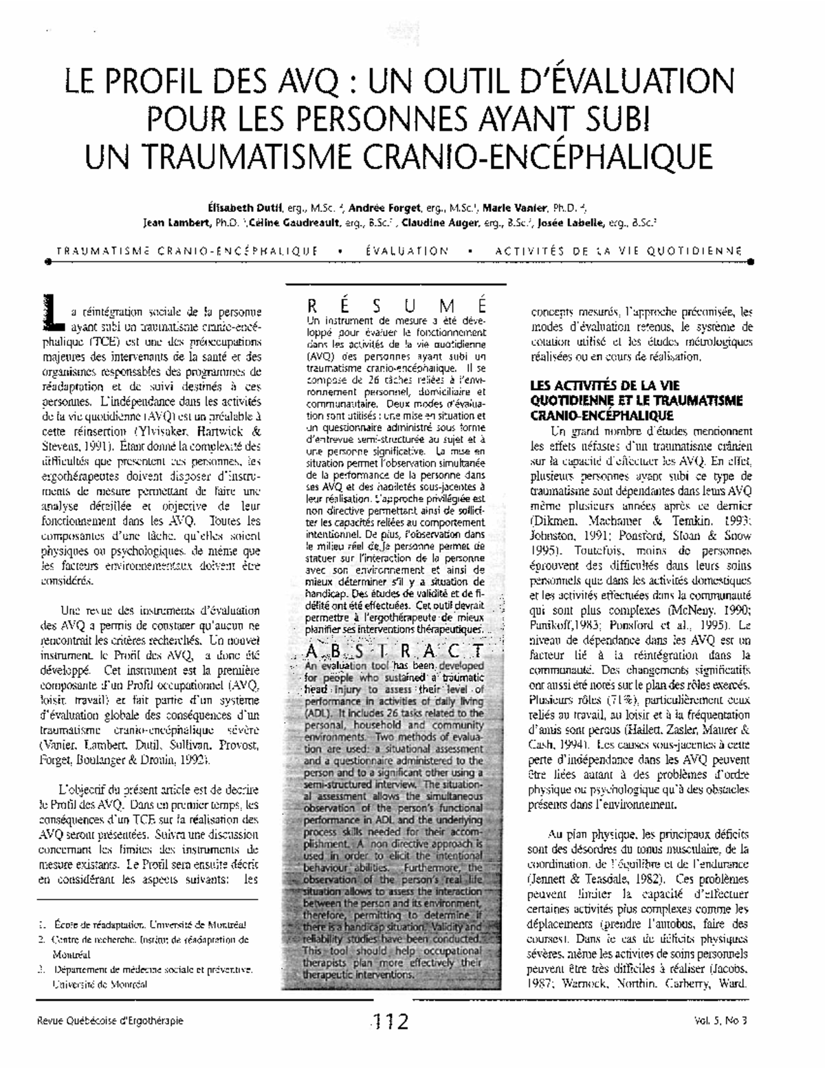 Dutil, 1996 Profil AVQ - kéklm - LE PROFIL DES AVQ : UN OUTIL POUR LES ...