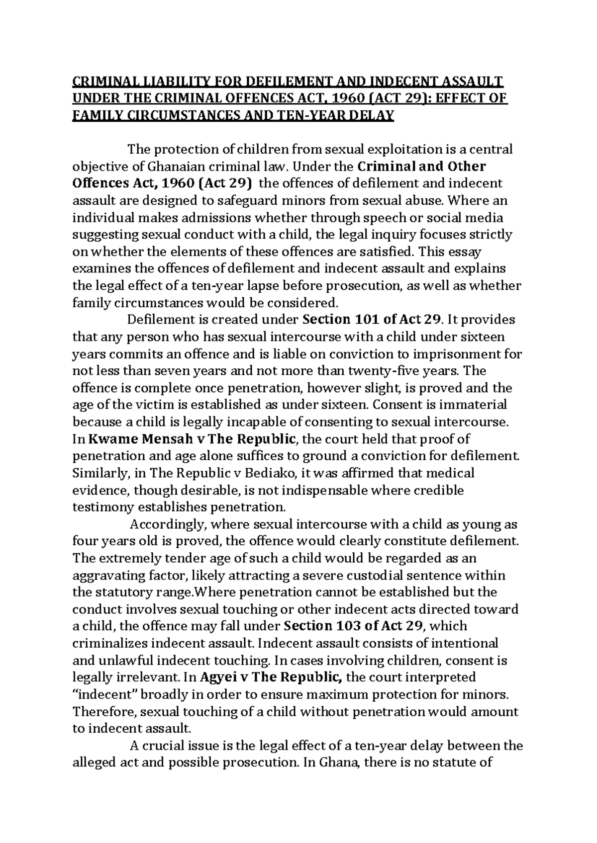 CRIMINAL LAW ASSIGNMENT 3: DEFILMENT & INDECENT ASSAULT UNDER ACT 29 ...