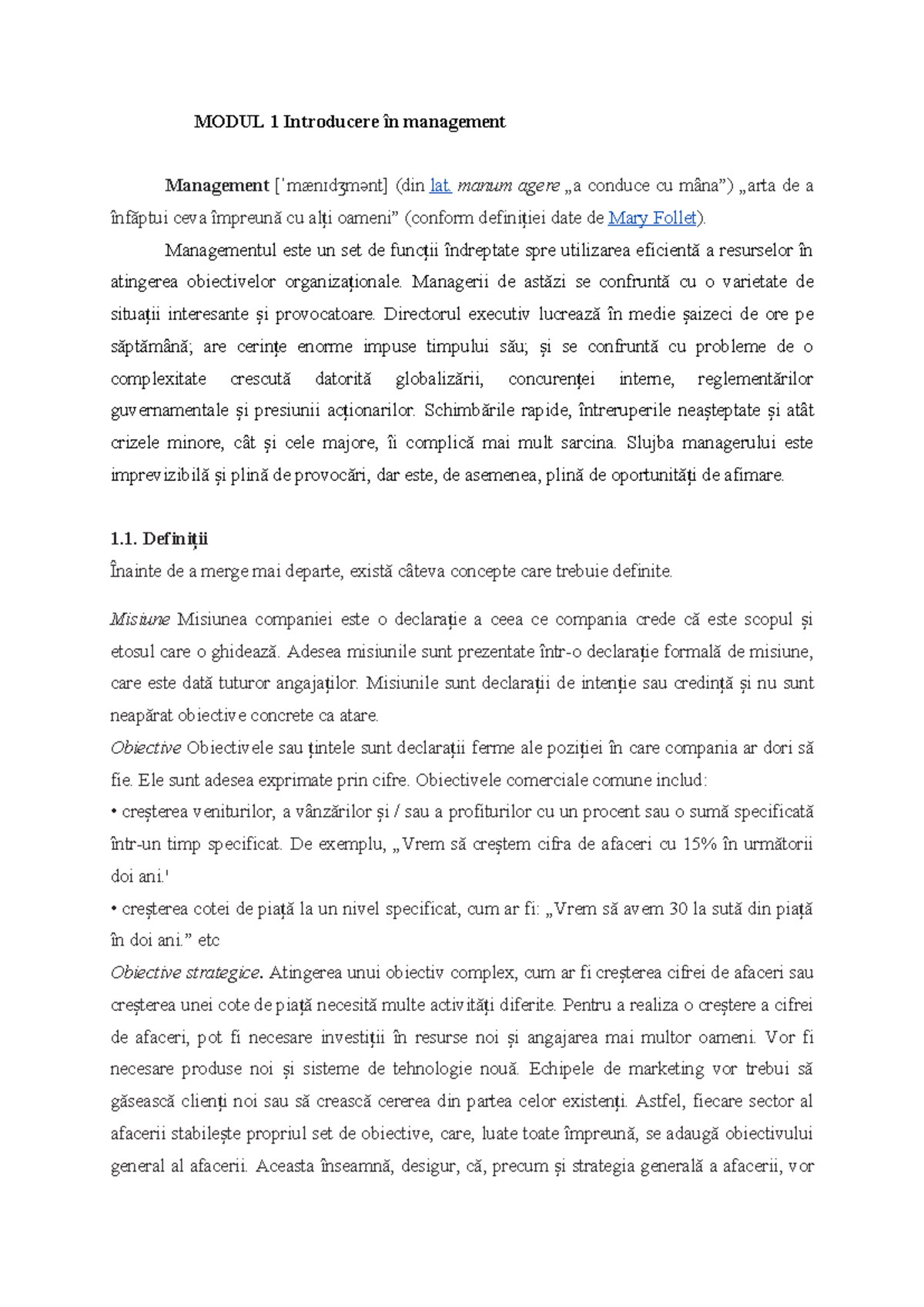 MODUL 1: Introducere în Management - Concept și Strategii - Studocu
