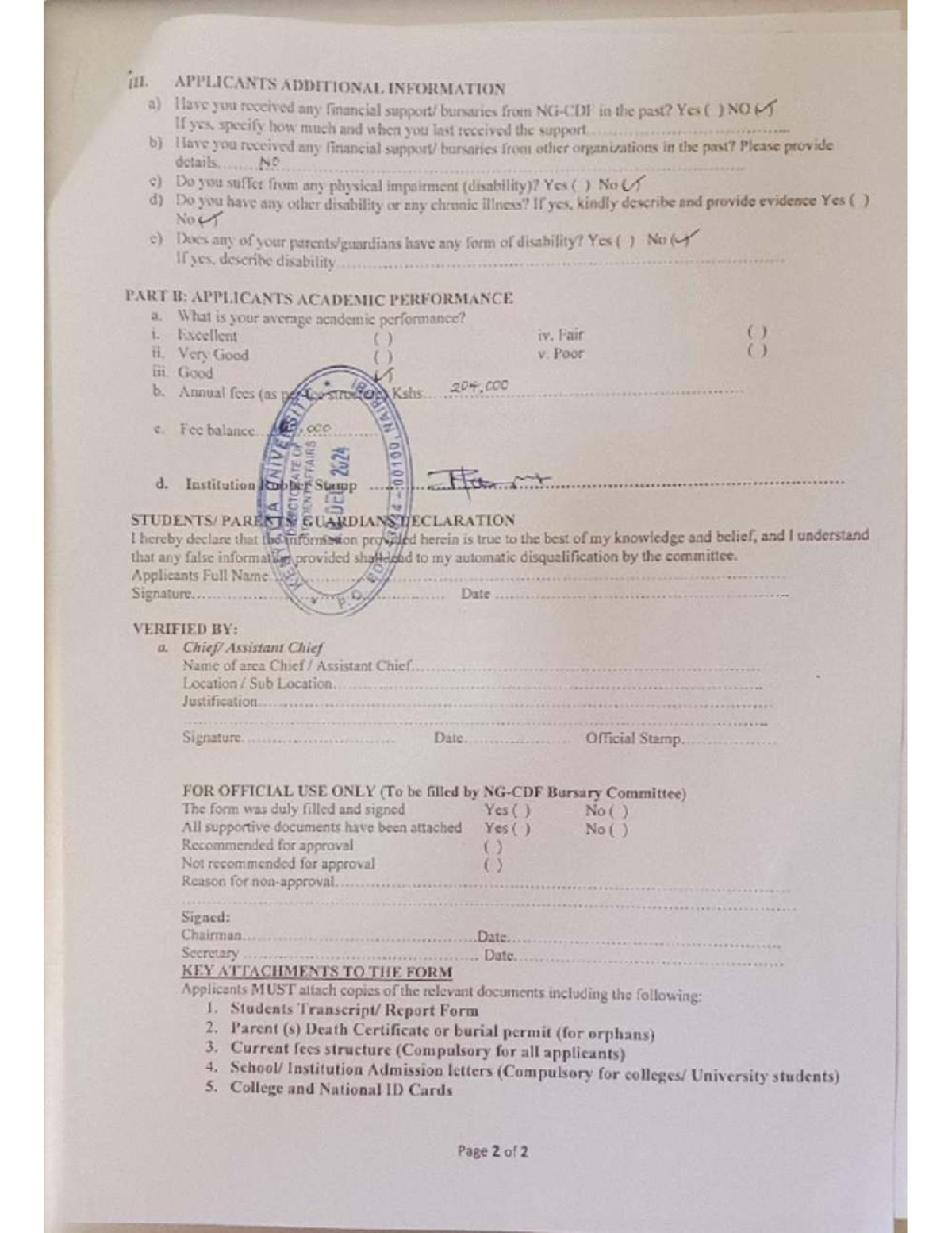 CDF Bursary Application Form - Additional Info & Academic Performance ...
