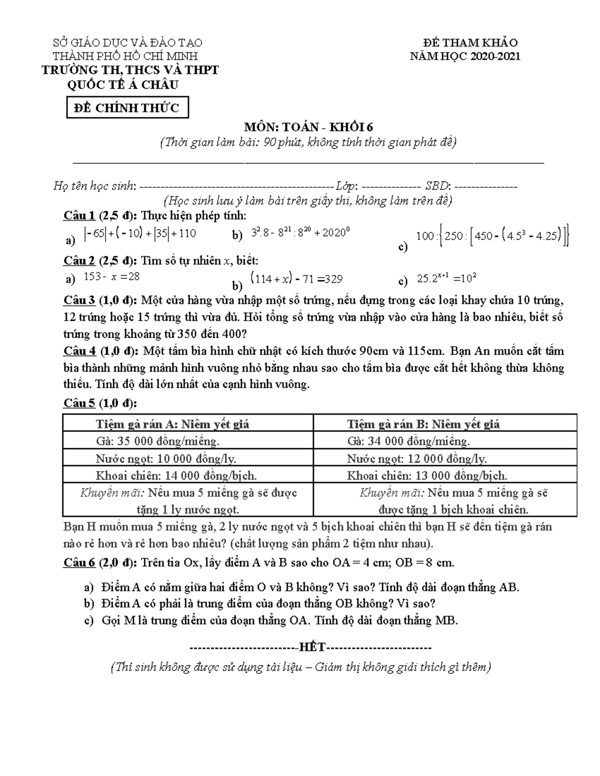 T6 Q3 20-21 - Math - SỞ GIÁO DỤC VÀ ĐÀO TẠO ĐỀ THAM KHẢO THÀNH PHỐ HỒ ...