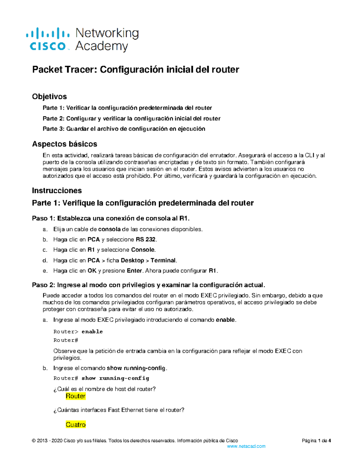 Configuración Inicial del Router en Packet Tracer - ES-XL - Studocu