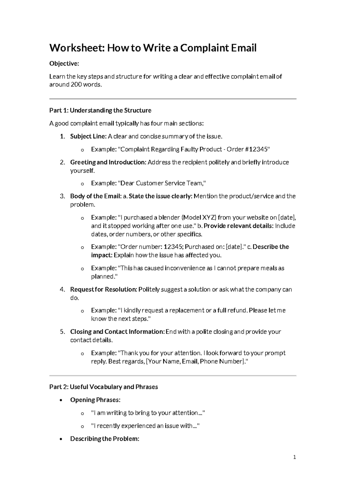 How to write a complaint email - Worksheet: How to Write a Complaint ...