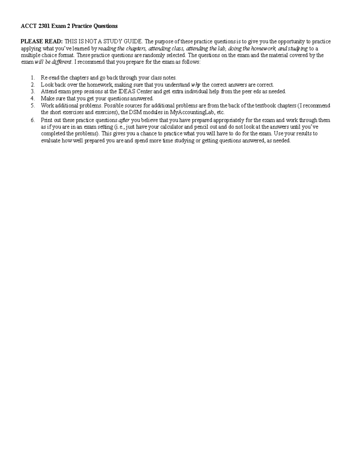 ACCT 2301 Exam 2 Prep - Practice Questions Review Guide - Studocu