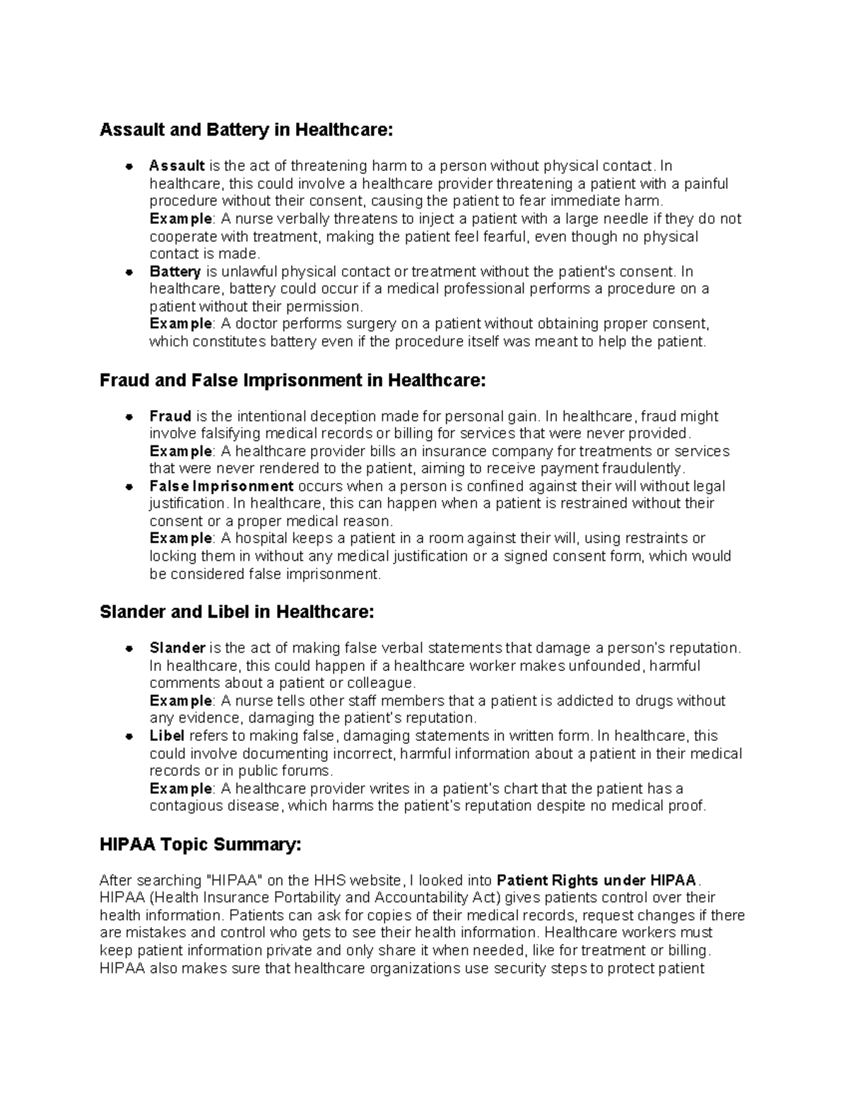 Medical Law Assignment: Assault, Battery, Fraud, and HIPAA Overview ...