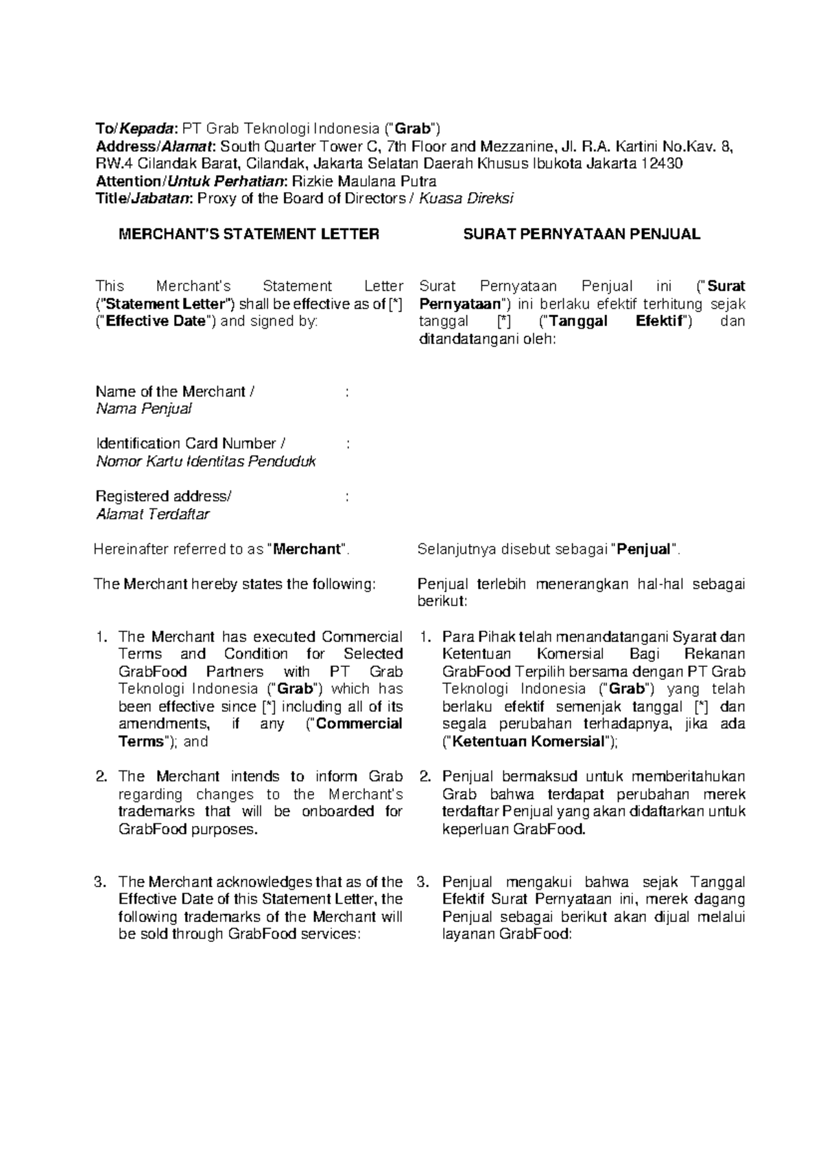 Merchant's Statement Letter for GrabFood Partners - Studocu