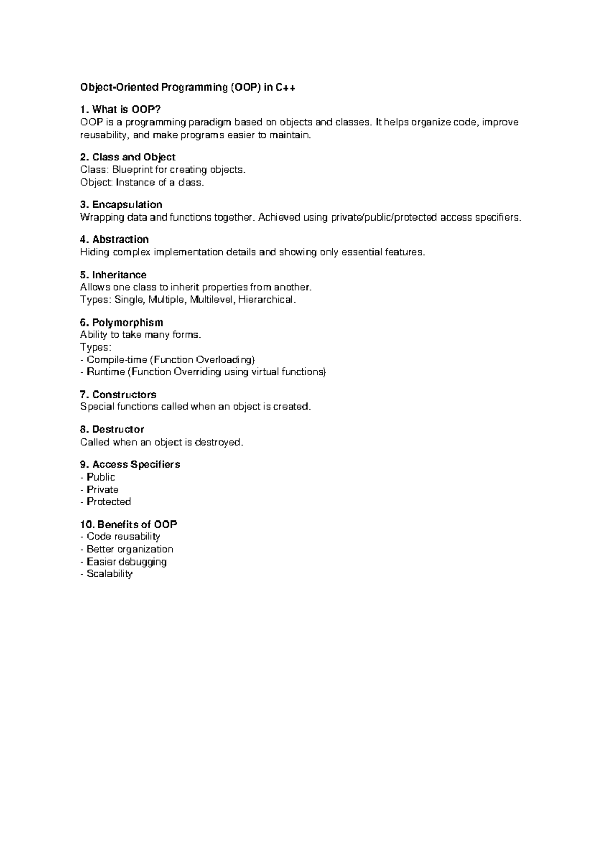 OOP in CPP Notes - Cheat Sheet (Programming 101) - Studocu
