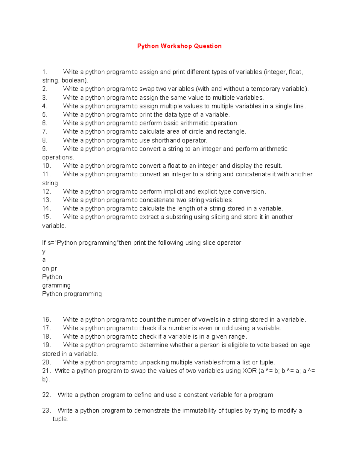Python Workshop Questions - Python Workshop Question Write a python ...