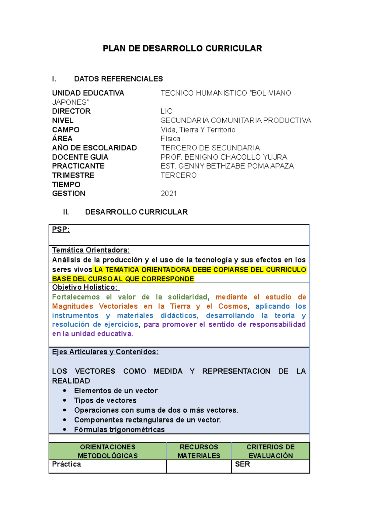PDC Vectores: Plan de Desarrollo Curricular para Tercer Año - Studocu