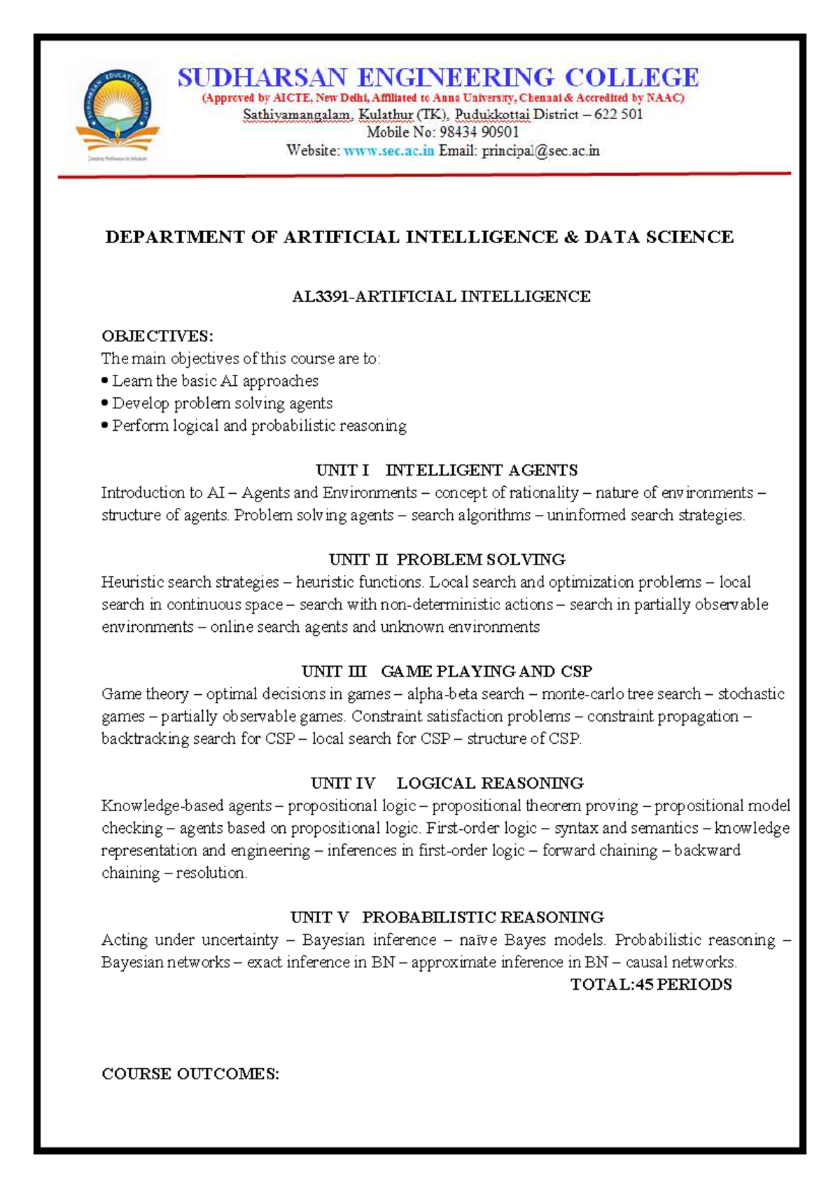 AI 101: Syllabus for Data Science Course Objectives and Units - Studocu