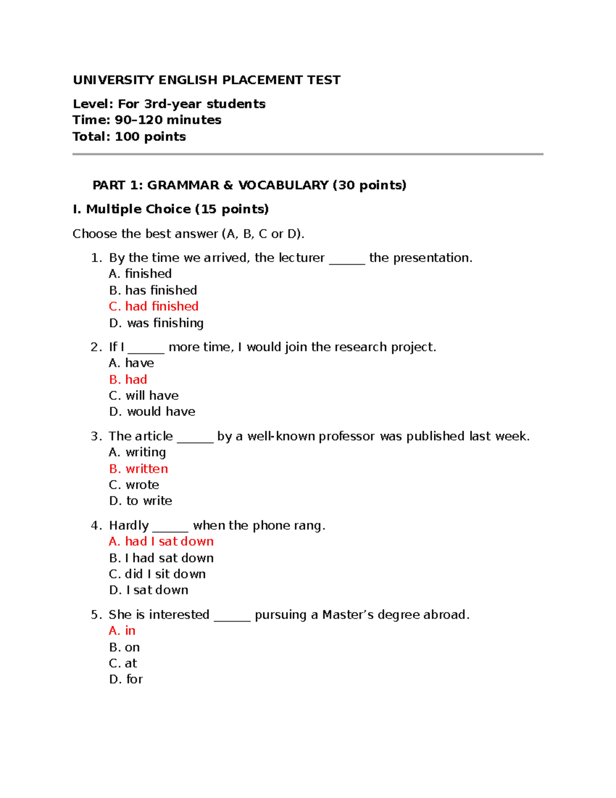 University English Placement Test: Grammar & Writing Assessment - Studocu