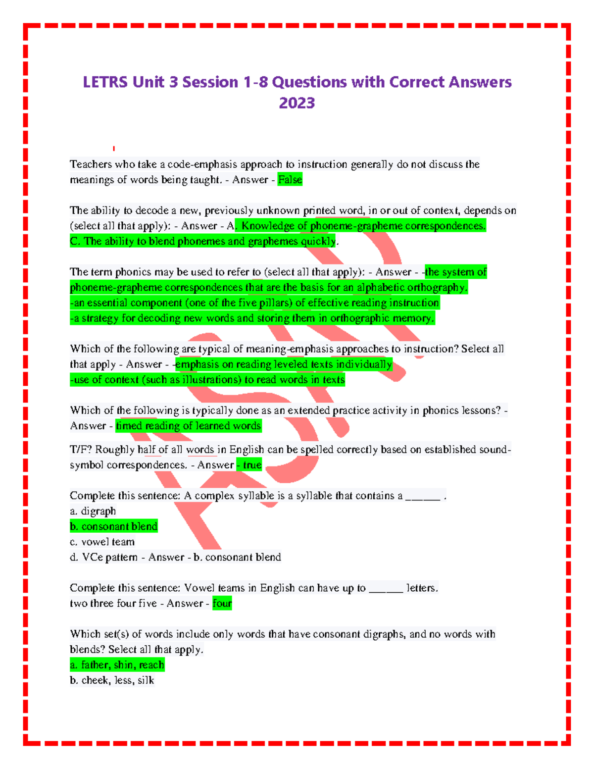 Letrs Unit 3 Session 1 NHA CBCS Exam Review Questions LETRS Unit 3