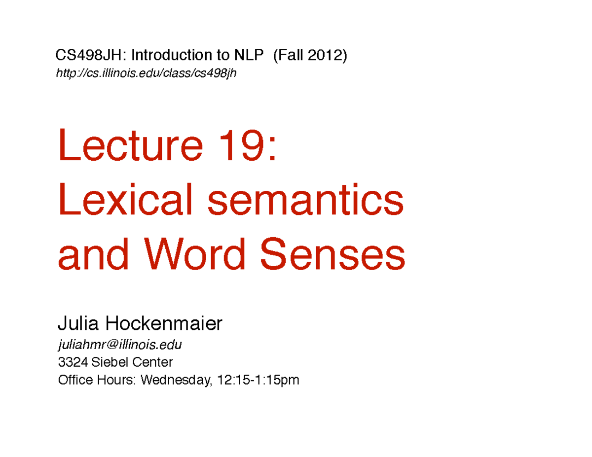 CS498JH: NLP Lecture 19 - Lexical Semantics & Word Senses - Studocu