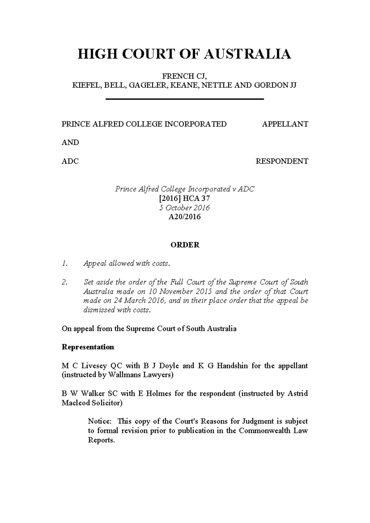 Prince Alfred College Incorporated v ADC BC2016 08462 - HIGH COURT OF ...