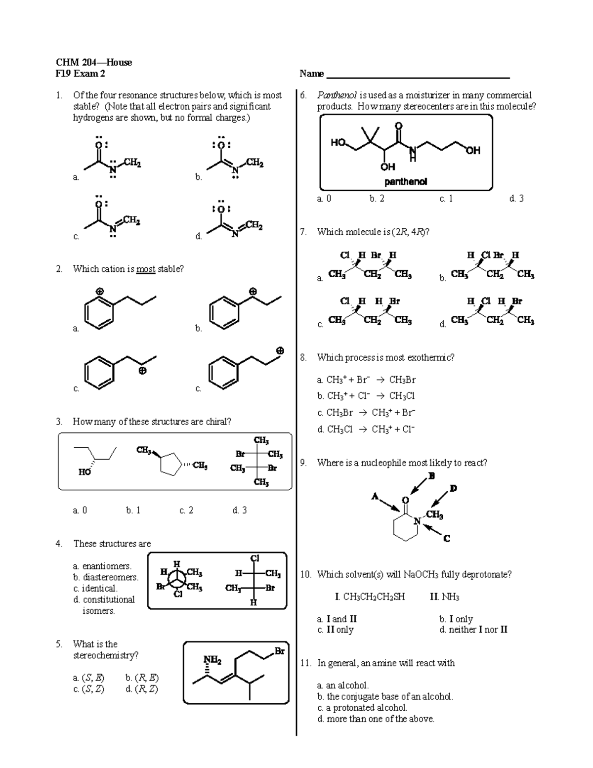 CHM 204 F19 Exam 2 - Answer Sheet & Key Concepts - Studocu