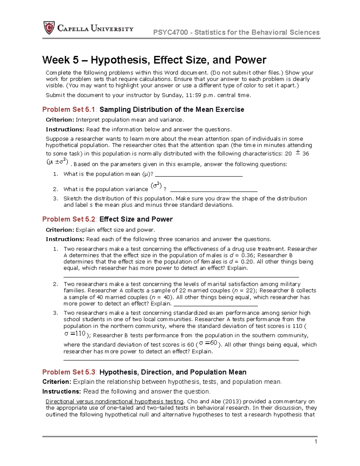 Week 5 Hyothesis - WORKSHEET - PSYC4700 - Statistics for the Behavioral ...