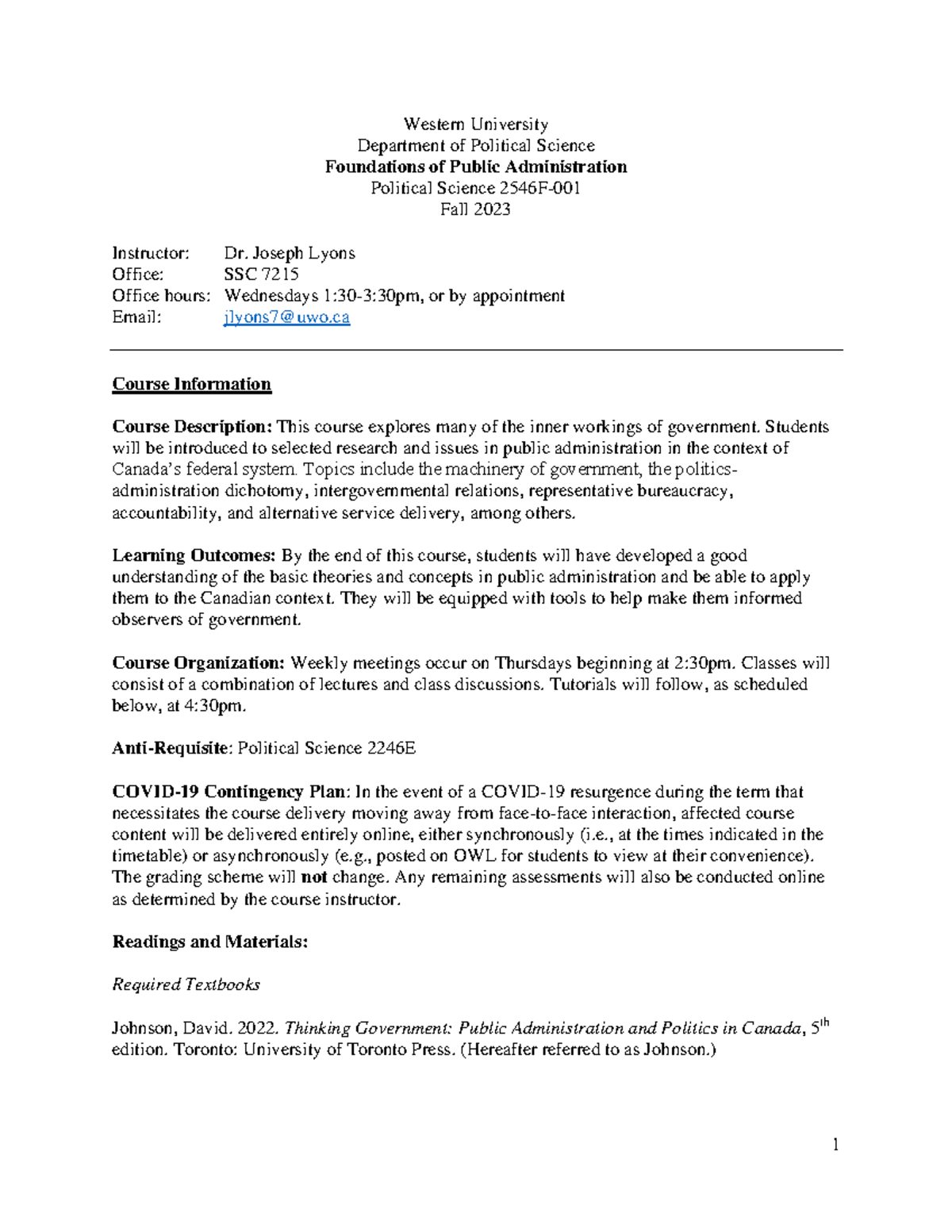 POL 2546F Foundations of Public Administration Course Outline 2023 ...