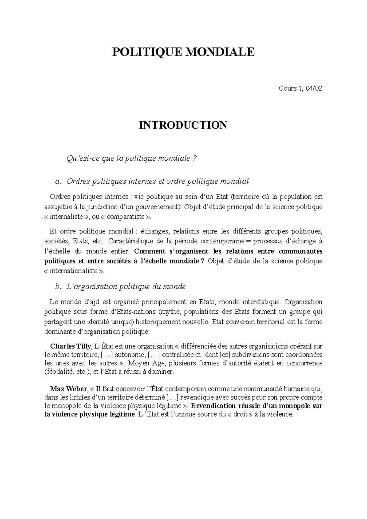 POLITIQUE MONDIALE Cours 1 : Introduction aux Ordres Politiques - Studocu