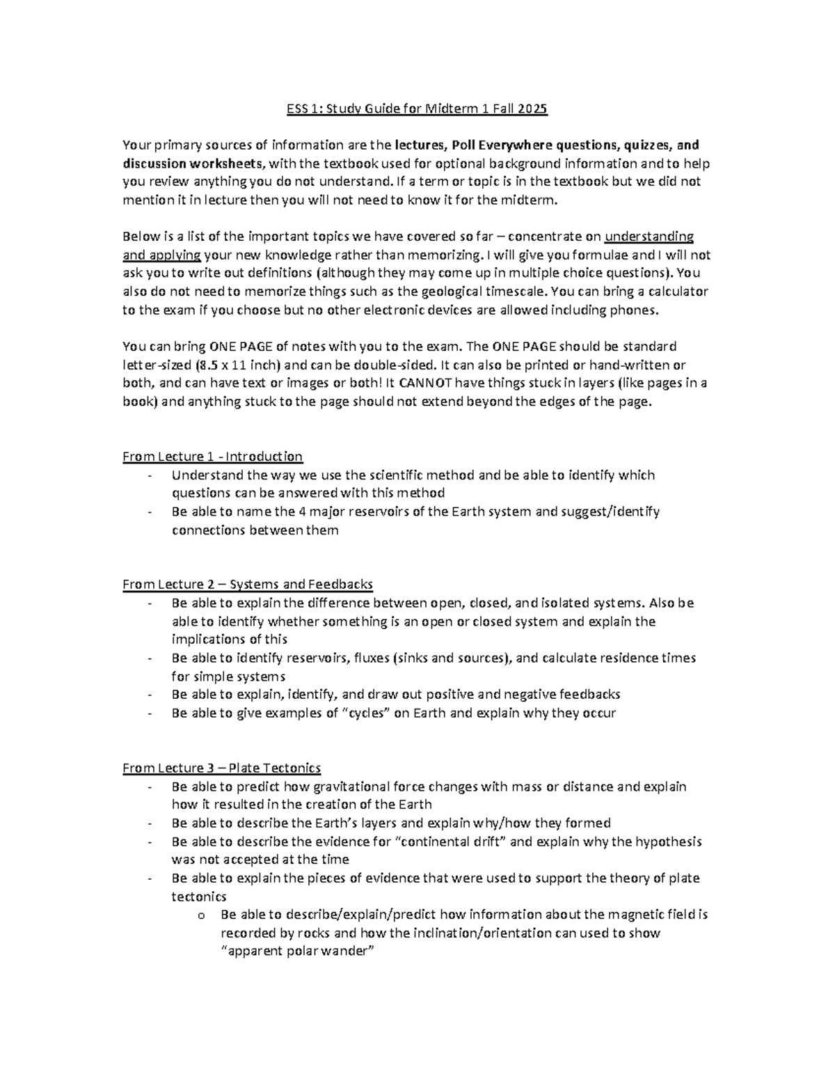 ESS 1: Midterm 1 Study Guide - Key Topics & Concepts Fall 2025 - Studocu