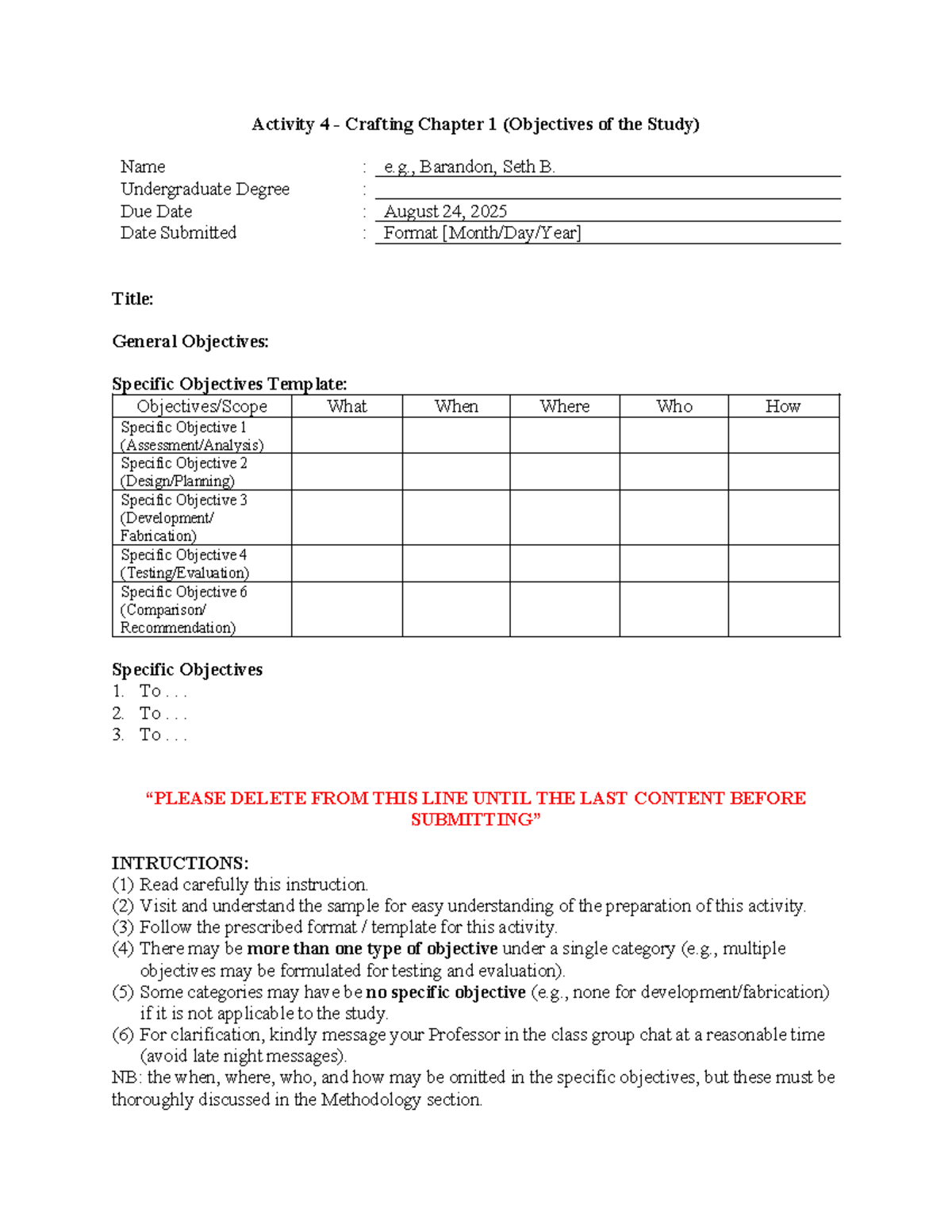 Activity 4: Crafting Chapter 1 - Objectives of the Study (ENGR 101 ...