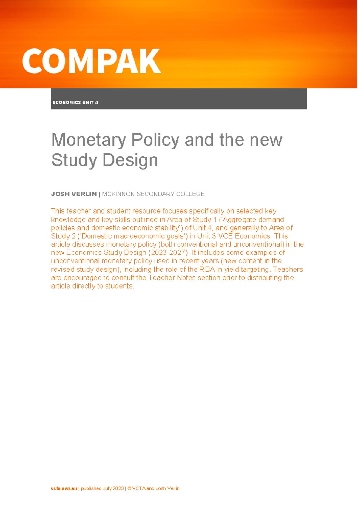 ECO 7 2023 U401 Teacher & Student Resource: Monetary Policy Insights ...
