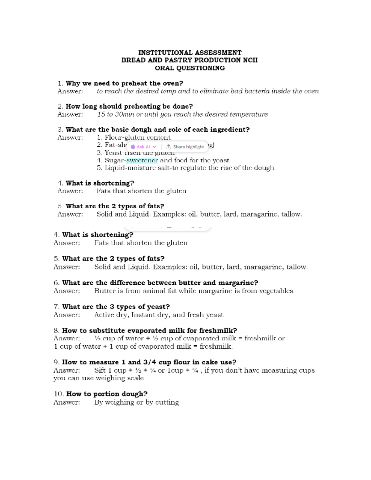 Bread and Pastry Production NCII Oral Questioning Study Notes - Studocu