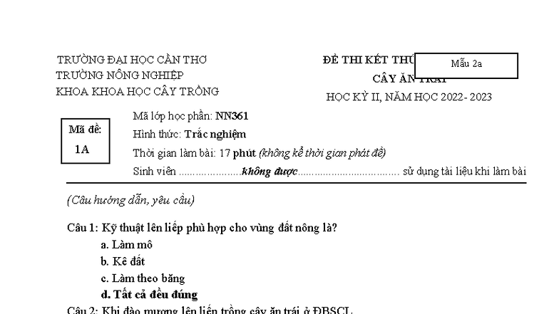 ĐỀ THI KẾT THÚC HỌC MÔN CÂY ĂN TRÁI NN361 - HỌC KỲ II 2023 - Document Preview