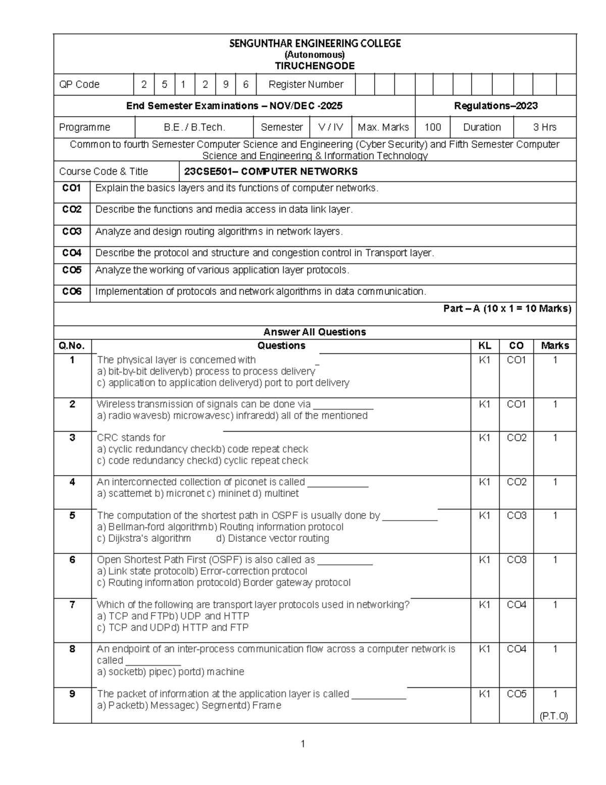 End Semester Exam QP: Computer Networks (23CSE501) - Sem V - Studocu