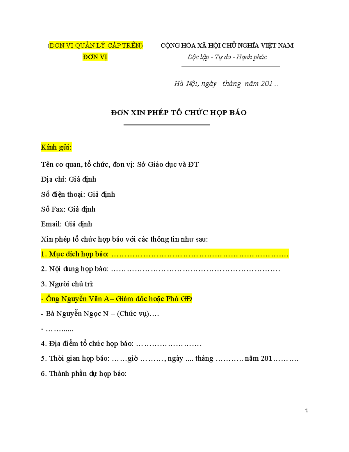 Đơn Xin Phép Tổ Chức Họp Báo và Thông Cáo Báo Chí - Document Preview