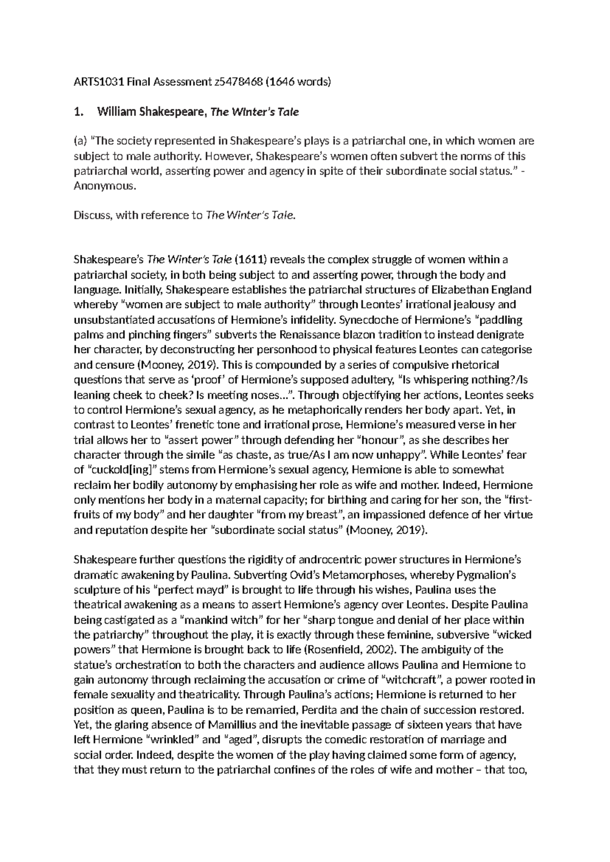 ARTS1031 Final Assessment Mini-Essay: Gender and Nature in Literature ...