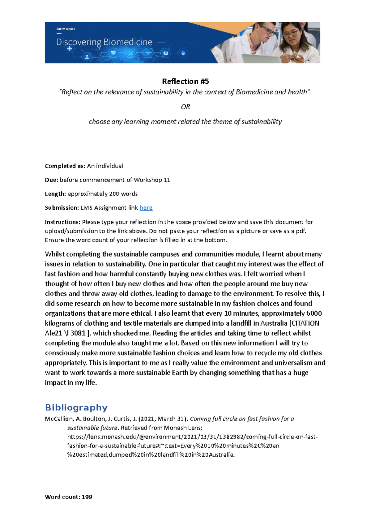BIOM10001 Written Reflection on Sustainability and Biomedicine - Studocu